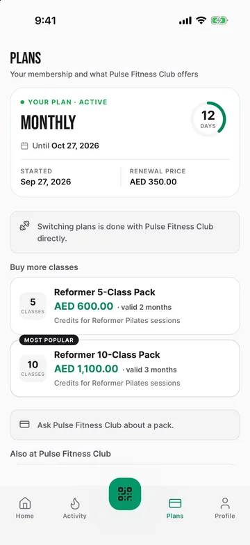Member app: current plan and class packs to buy