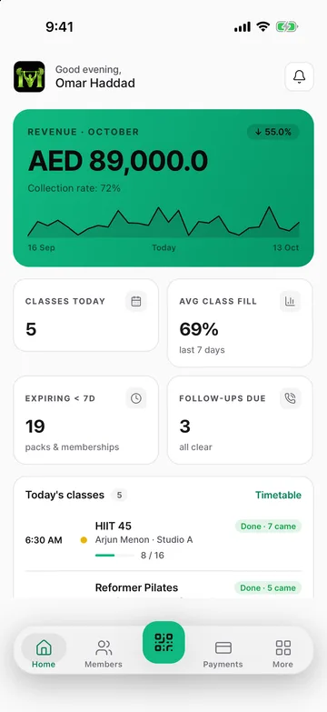 Owner app home: classes today, average class fill and packs and memberships expiring