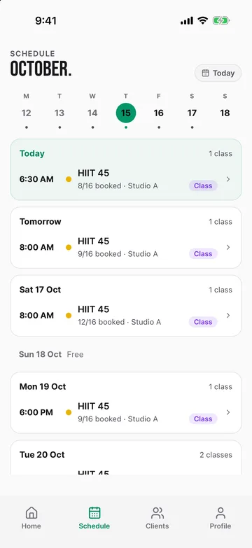 Instructor app: the week's classes with bookings
