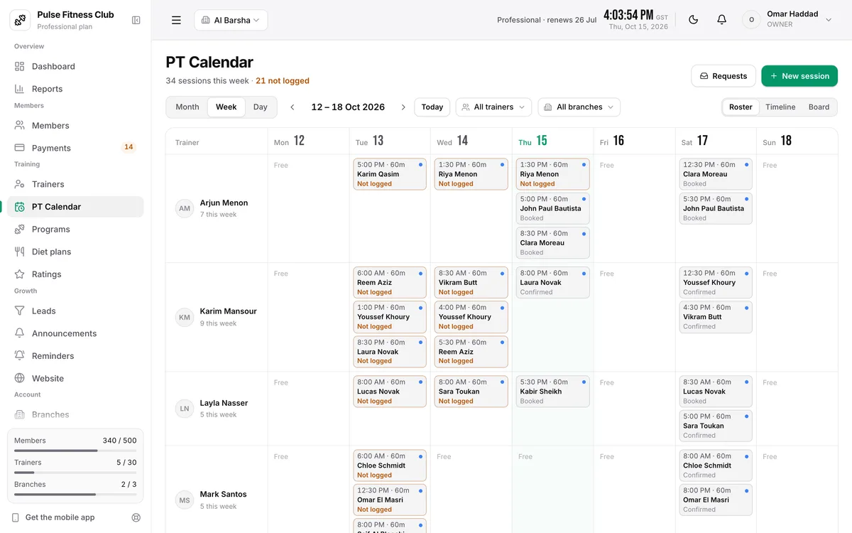 PT calendar: each trainer's week with booked, confirmed and completed sessions