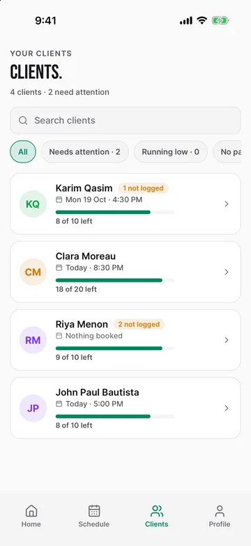 Trainer app client list with sessions left for each client
