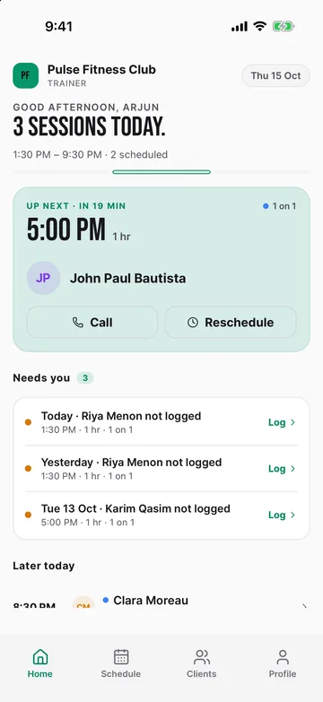 Trainer app: next session and clients running low