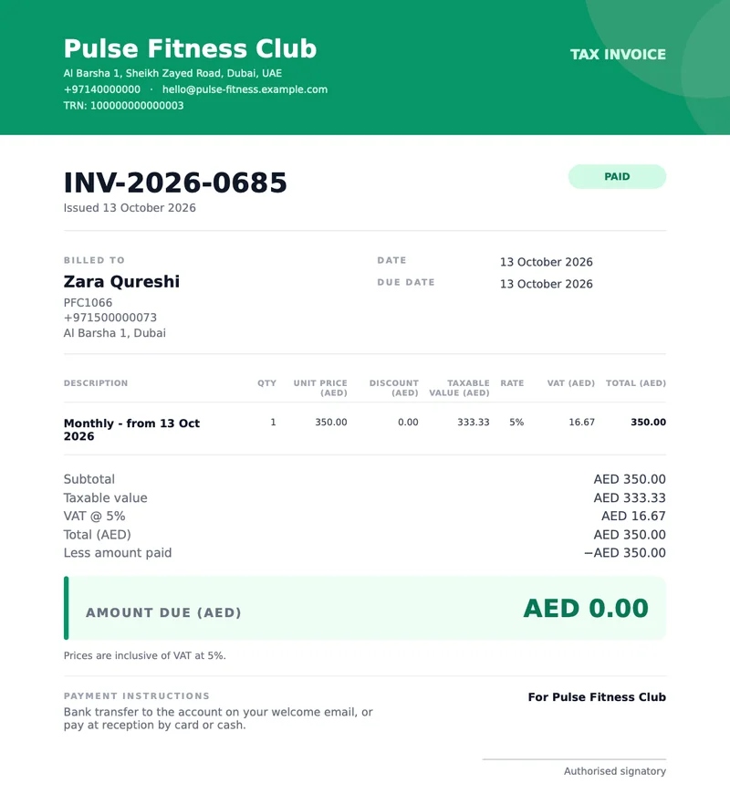 Tax invoice in AED with the gym's TRN and 5% VAT worked out