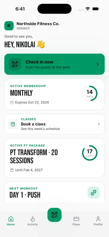 Member app home: check in, days left on the membership, book a class, PT sessions left