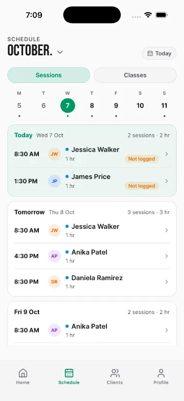 Trainer app schedule for the week