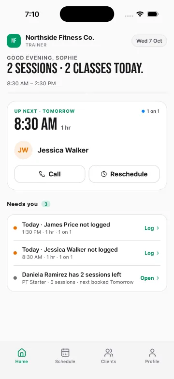 Trainer app: next session and clients running low