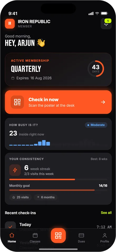 The member app home screen with check-in, classes and dues