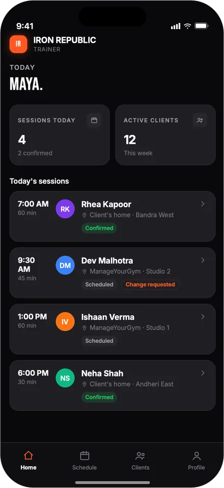 The trainer app showing the day’s sessions and clients