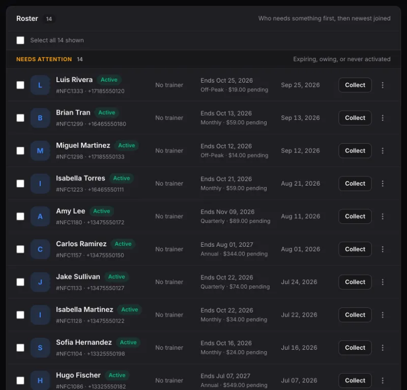 Members with pending dues, each with a Collect button